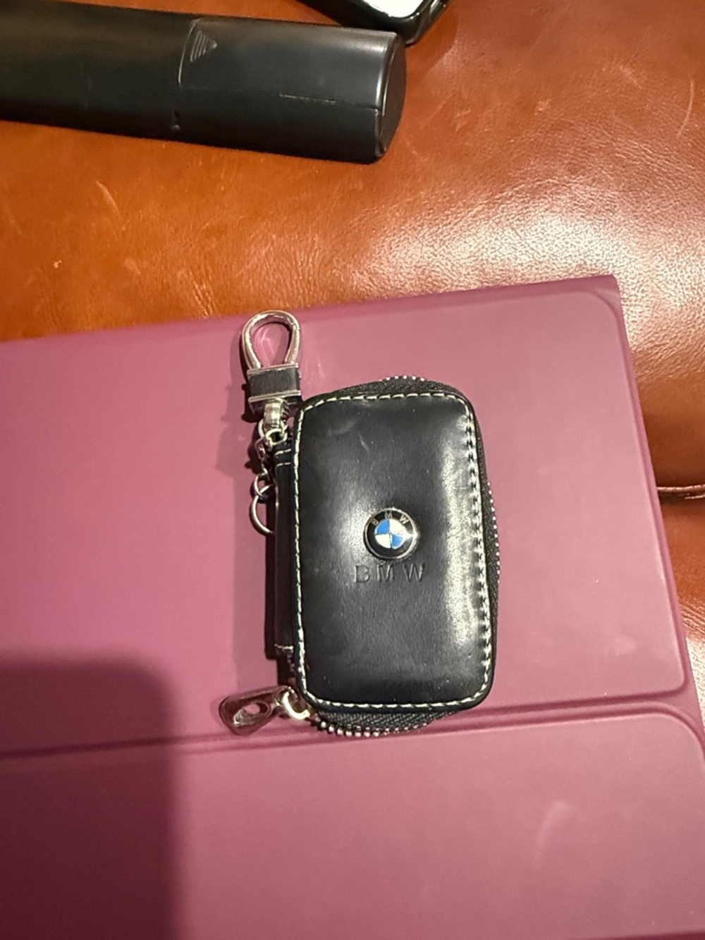 BMW Black Leather Zip Key Pouch with Roundel